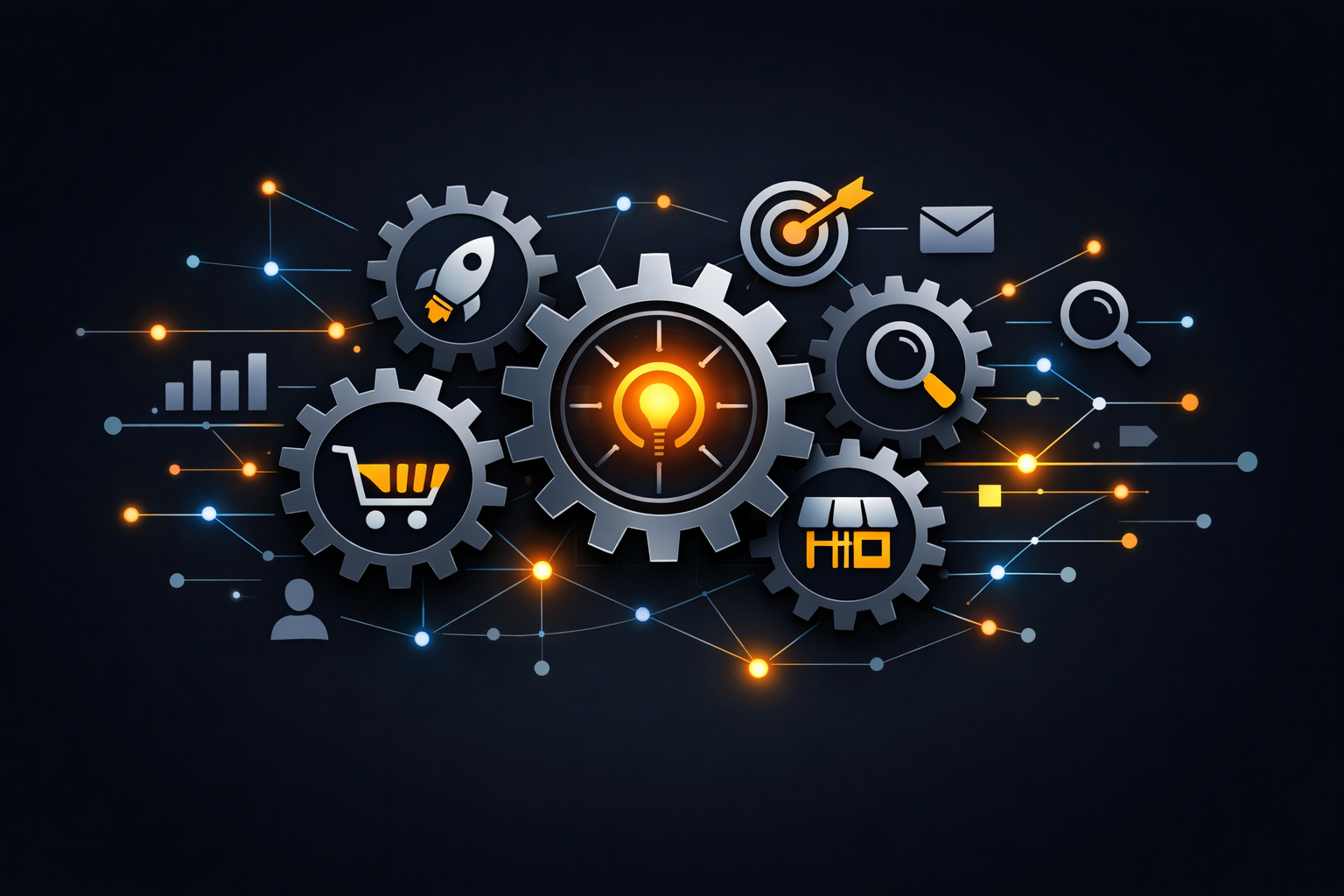 Illustration of interconnected gears and digital networks representing a unified marketing system for business growth